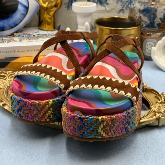 🆕 KURT GEIGER LONDON 🧿 NWOB Chelsea Flatform Sandal, Rainbow Raffia, Sz 37 US7 - Picture 13 of 16